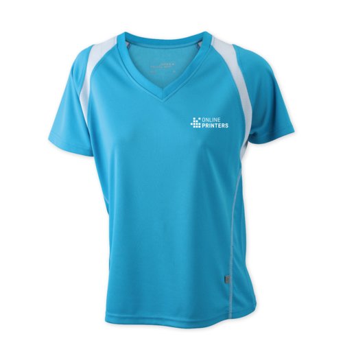 Lysebl polyester lbe-T-shirt til damer med V-hals.