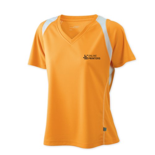 Orangefarvet polyester lbe-T-shirt til damer med V-hals.