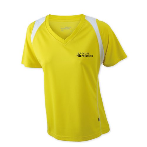 Gul lbe-t-shirt til kvinder i polyester med V-hals og korte rmer.