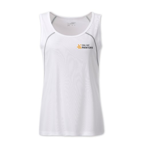 Hvid polyester tanktop til kvinder med slvfarvede detaljer.