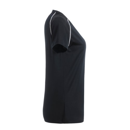 Sort og hvid polyester T-shirt til damer med korte rmer.