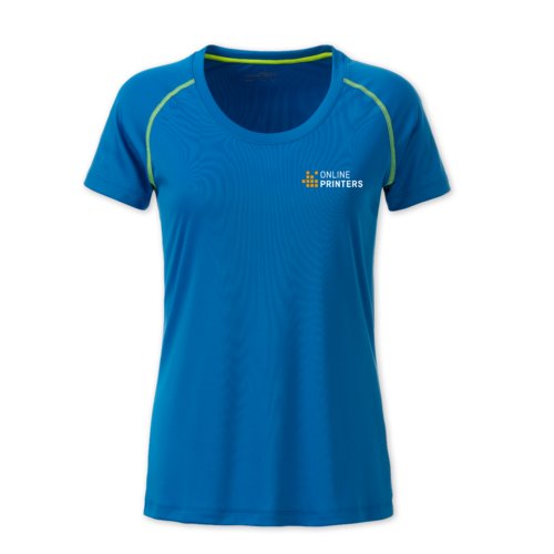 Bl polyester dame T-shirt med korte rmer.