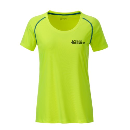 Neongul/bl polyester T-shirt til damer med korte rmer.