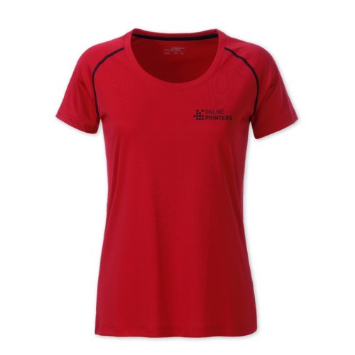 Rd polyester dame T-shirt med korte rmer.