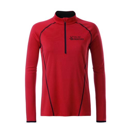 Rd polyester langrmet skjorte med kort lynls til damer.