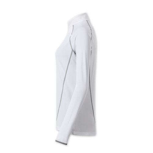 Hvid polyester langrmet skjorte med opretstende krave.
