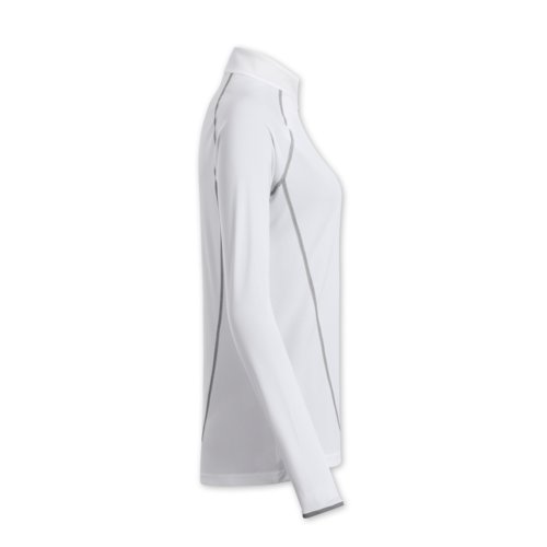 Hvid polyester langrmet skjorte til damer med opretstende krave.