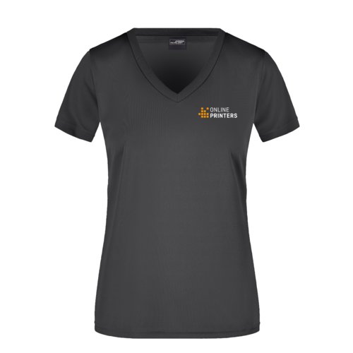 Sort polyester V-hals t-shirt til damer.