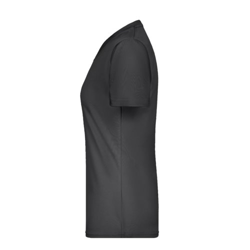 Sort polyester T-shirt til damer med V-hals og korte rmer.