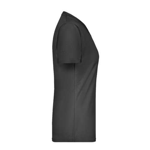 Sort polyester dame T-shirt med V-udskring og korte rmer.