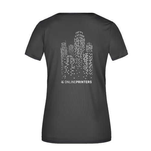 Sort polyester dame T-shirt med V-hals.