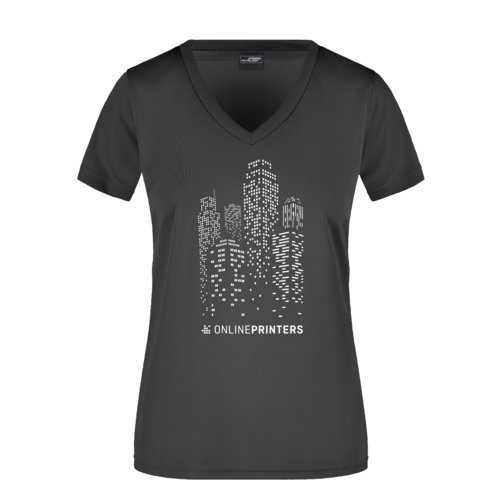 Sort polyester dame T-shirt med V-hals.