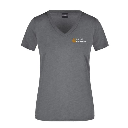 Mrkegrmeleret polyester T-shirt med V-hals til damer.