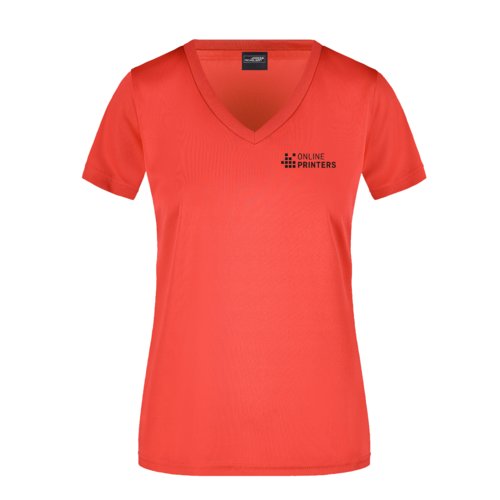 Rd polyester dame T-shirt med V-hals og korte rmer.
