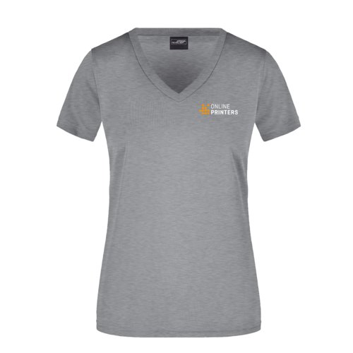 Grmeleret polyester T-shirt med V-hals til damer.