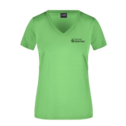 blegrn polyester T-shirt med V-udskring til damer.