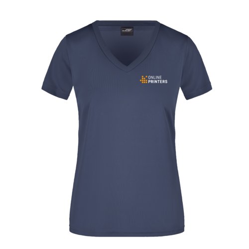 Sort-bl polyester dame T-shirt med V-hals.