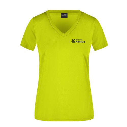 Neongul polyester T-shirt med V-hals til kvinder.