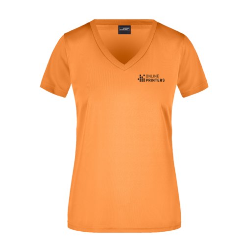 Orange polyester T-shirt med V-hals til damer.