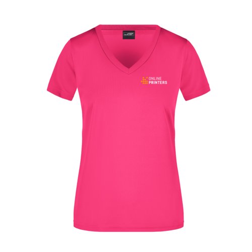 Pink polyester dame T-shirt med V-hals og korte rmer.