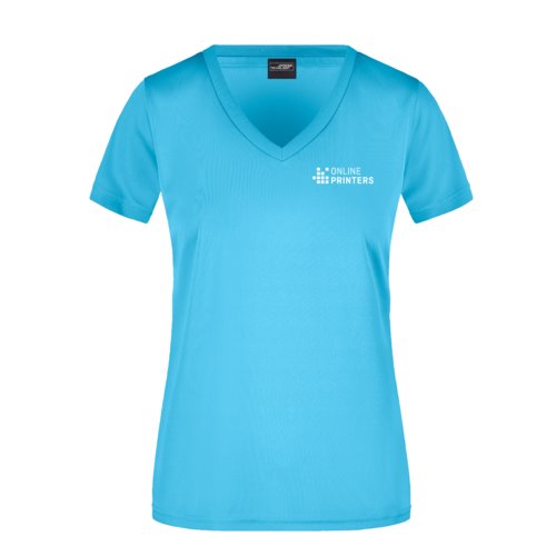 Turkis polyester T-shirt med V-hals til damer.