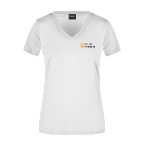 Hvid polyester T-shirt til kvinder med V-hals og korte rmer.