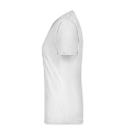 Hvid polyester T-shirt med V-hals til damer.
