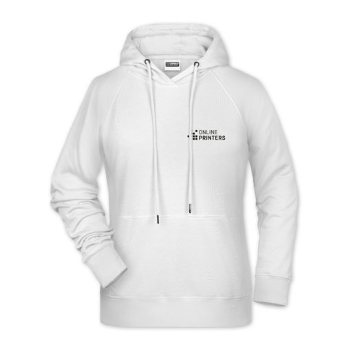 Hvid bomuld-polyester damehttetrje med htte og snre.