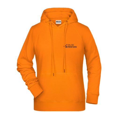 Orange bomulds-polyester damehttetrje med htte og kngurulomme.