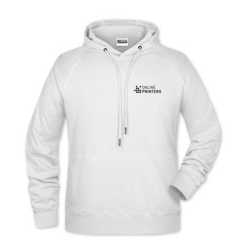 Hvid bomuld-polyester herrehoodie med htte og snre.