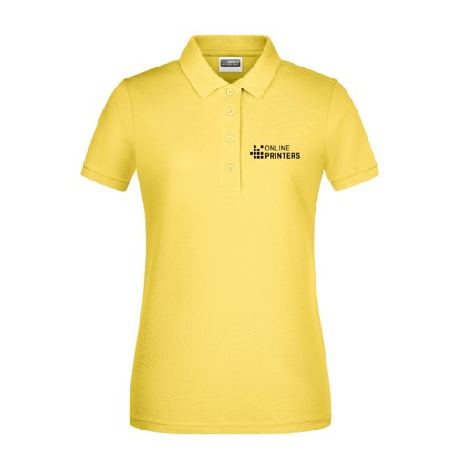 Gul bomulds polo shirt til damer med kort knaplukning.