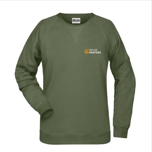 Grn dame sweatshirt i bldt materiale med rund halsudskring.