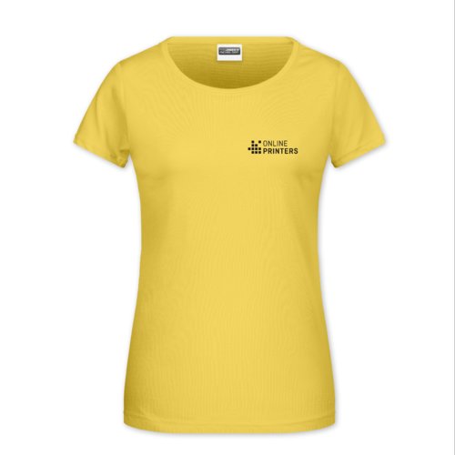 Gul bomulds T-shirt til damer med korte rmer og rund hals.