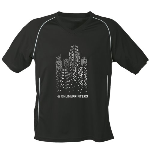 Sort og hvid polyester T-shirt med V-hals og korte ærmer.