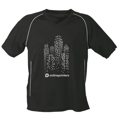 Sort og hvid polyester T-shirt med V-hals og korte �rmer.