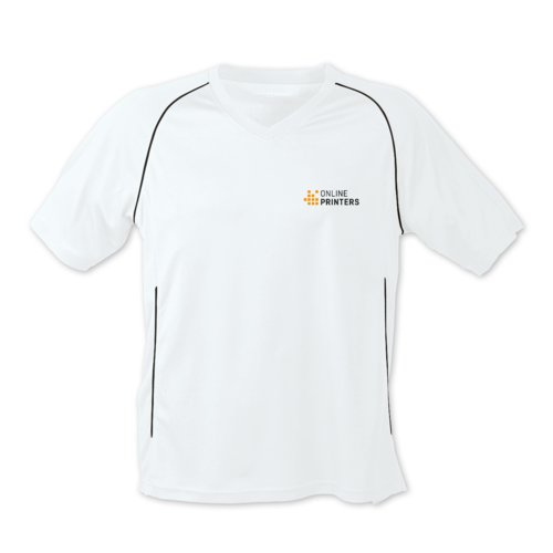 Hvid og sort polyester T-shirt med korte ærmer.