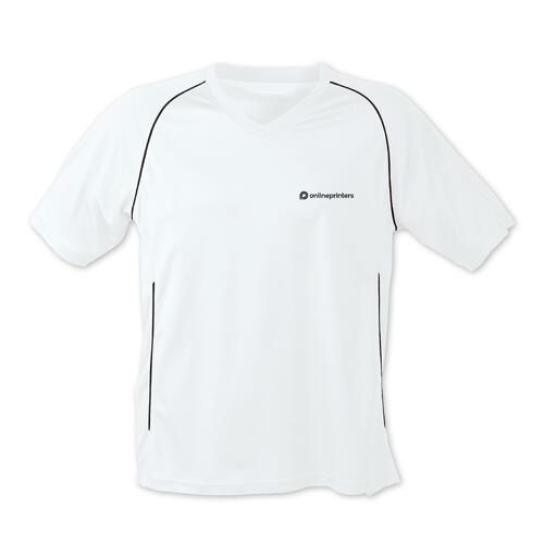 Hvid og sort polyester T-shirt med korte �rmer.