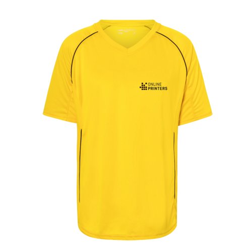 Gul polyester T-shirt med V-hals og korte ærmer.