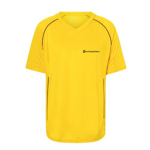Gul polyester T-shirt med V-hals og korte �rmer.