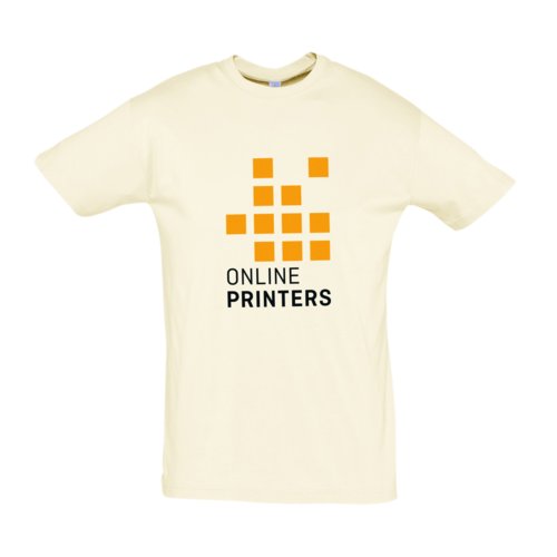 Beige bomulds T-shirt med korte ærmer og rund hals.