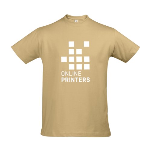 Sandfarvet bomulds T-shirt til mnd med korte rmer.
