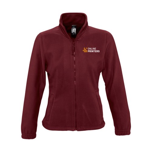 Burgundy damefleecejakke i polyester med fuld lynls og lommer.