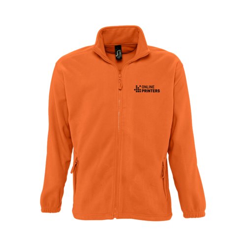 Orange fleecejakke i polyester med fuld lynls.