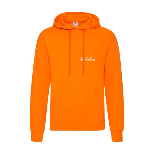 Orange bomuldsblanding httetrje med htte og kngurulomme.