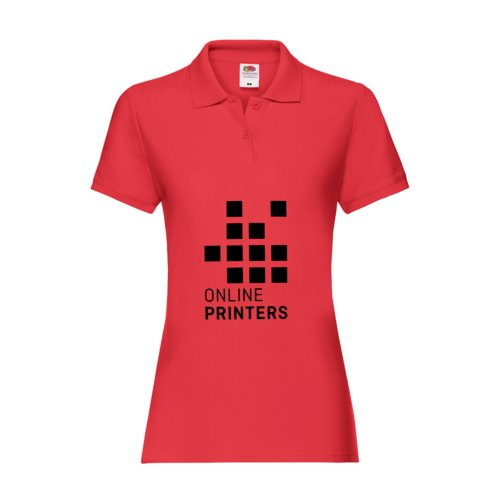 Rd bomuldspoloshirt til damer med korte rmer og knaplukning.