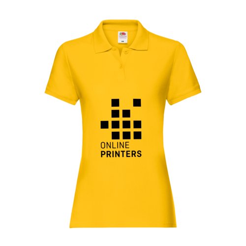 Gul bomulds polo shirt til damer med kort knaplukning.