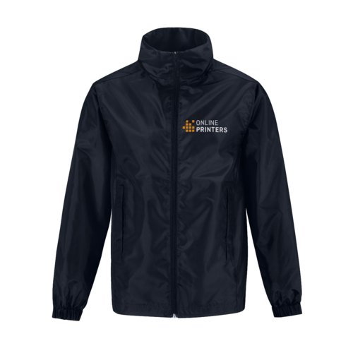 Navy bl polyester vindjakke med lynls og sidelommer.