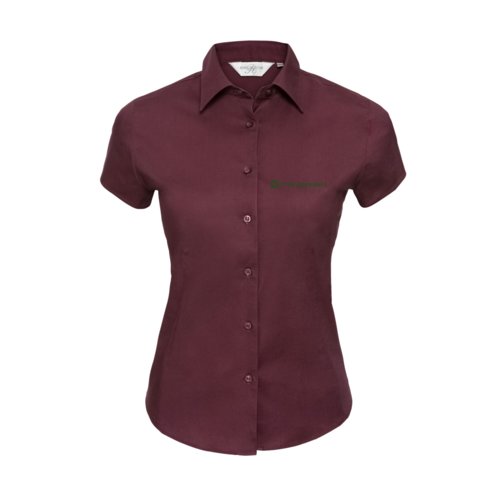Burgundy bomuldsblanding bluse med korte rmer.