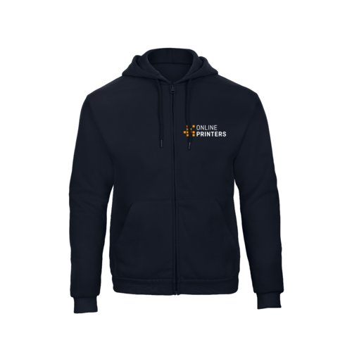 Marinebl sweatjakke i bomuldsblanding med htte og fuld lynls.