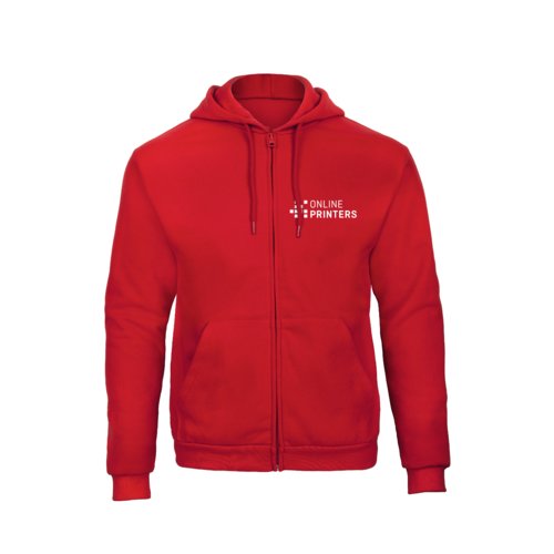 Rd sweatshirtjakke i bomuldsblanding med htte og fuld lynls til mnd.